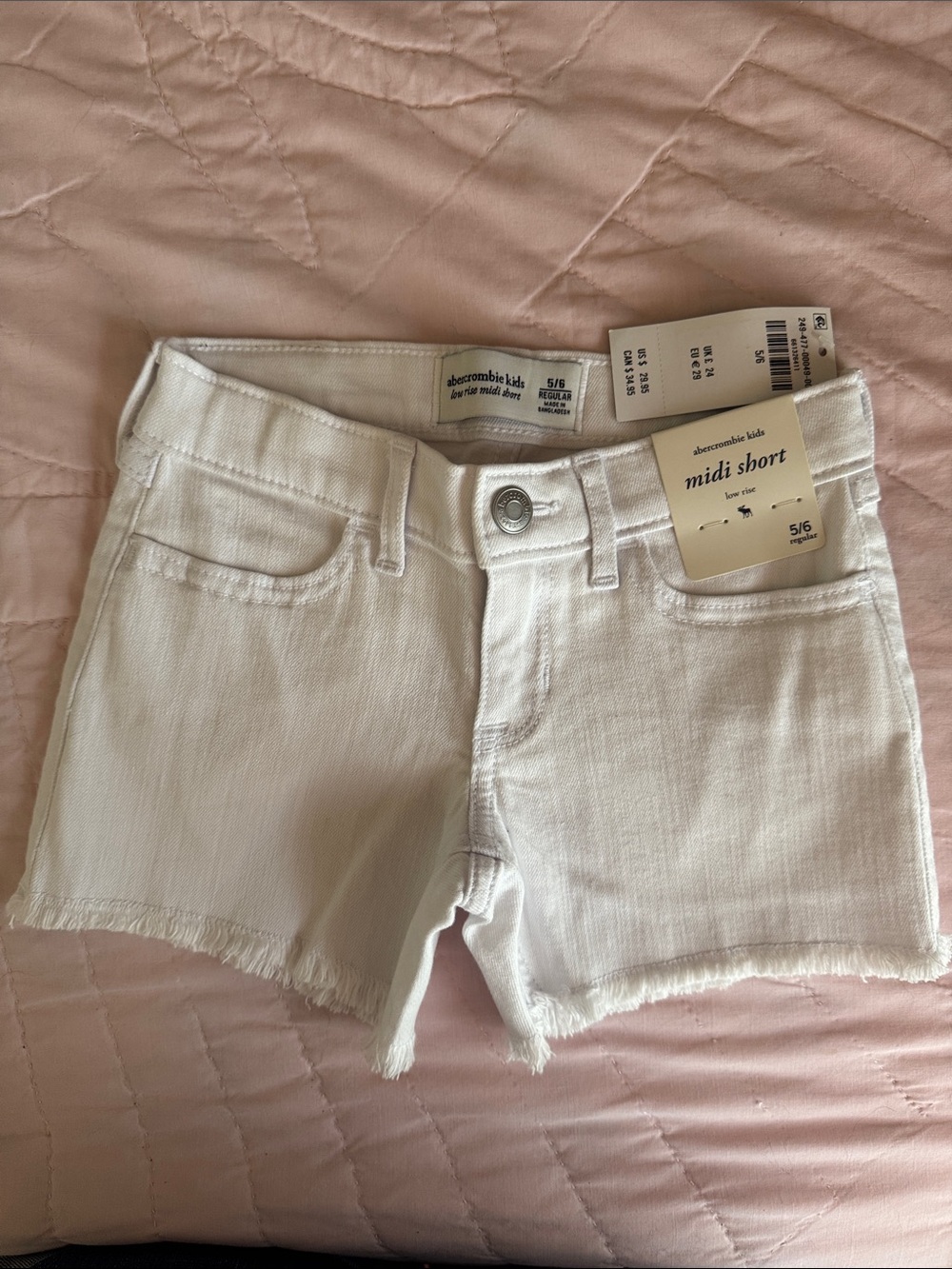abercrombie kids White Denim Midi Shorts with Frayed Hem